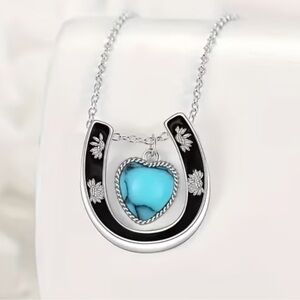 Black Horseshoe with Turquoise Pendant Necklace